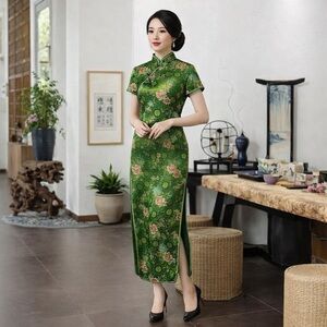 Green Floral Chinese Cheongsam Qipao Dress